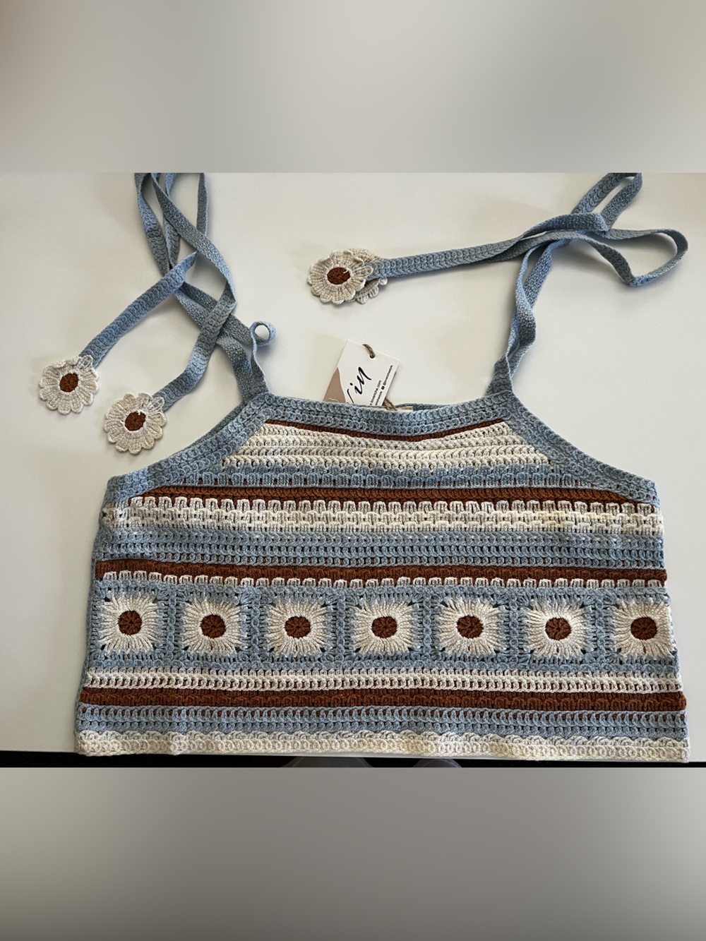 Crochet Daisy-Trim Tank Top - Blue, Cream & Brown